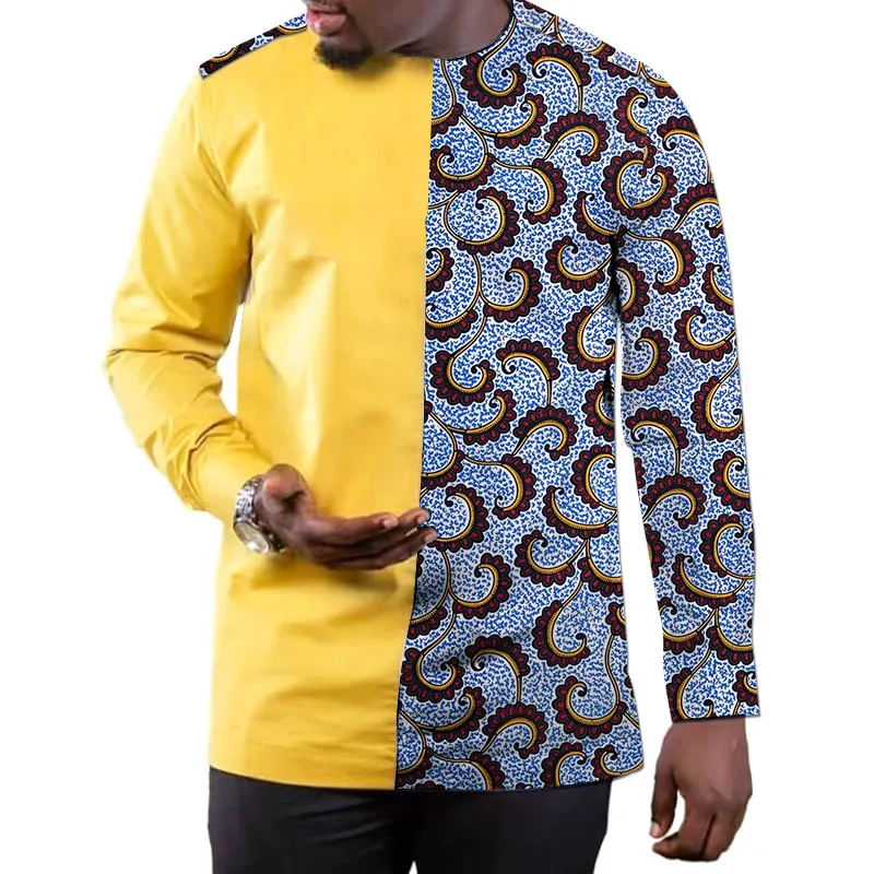 Жълта мъжка риза лоскутные блузи, Ризи дашики смес от памук и восък мъжки дрехи на младоженеца африканска празнична облекло - 0