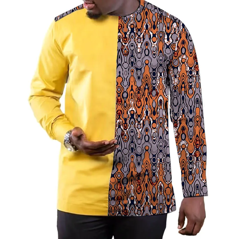 Жълта мъжка риза лоскутные блузи, Ризи дашики смес от памук и восък мъжки дрехи на младоженеца африканска празнична облекло - 2