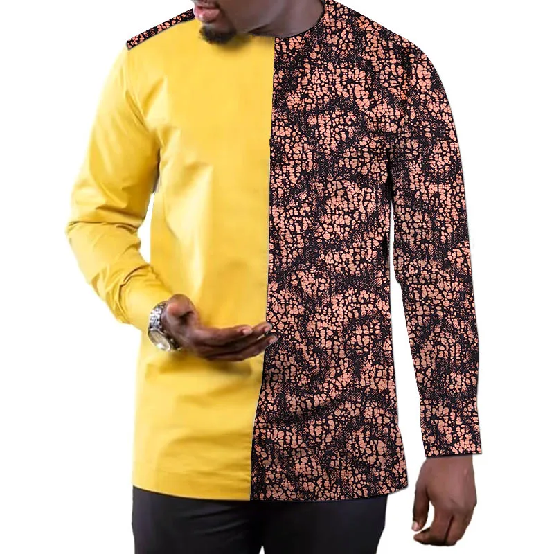 Жълта мъжка риза лоскутные блузи, Ризи дашики смес от памук и восък мъжки дрехи на младоженеца африканска празнична облекло - 3