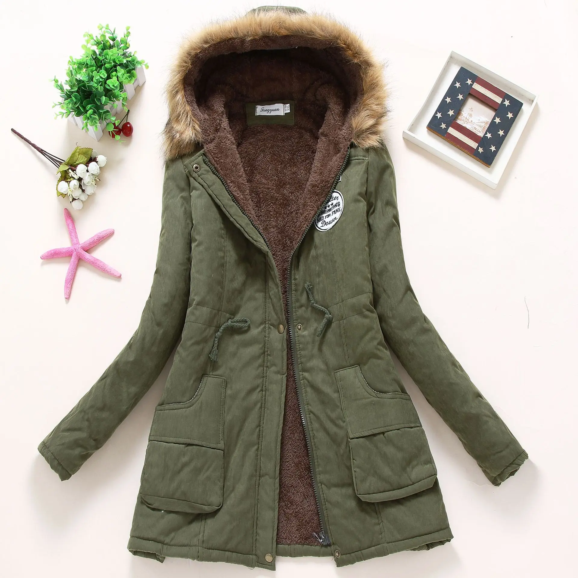 Зимата памучно палто от овче руно средна дължина, голяма вълнена яка, утолщенное памучно палто с качулка, памучно палто - 0
