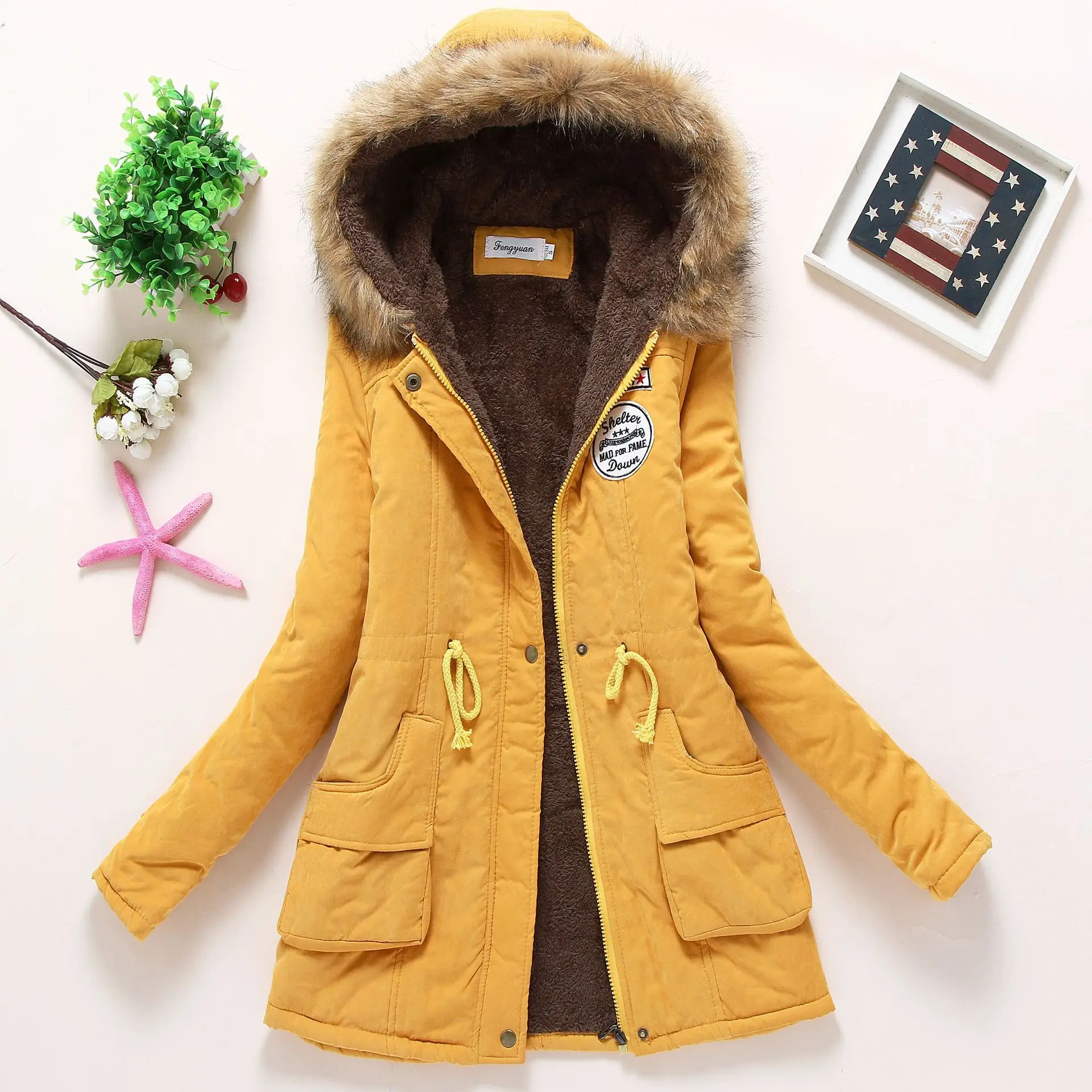 Зимата памучно палто от овче руно средна дължина, голяма вълнена яка, утолщенное памучно палто с качулка, памучно палто - 2
