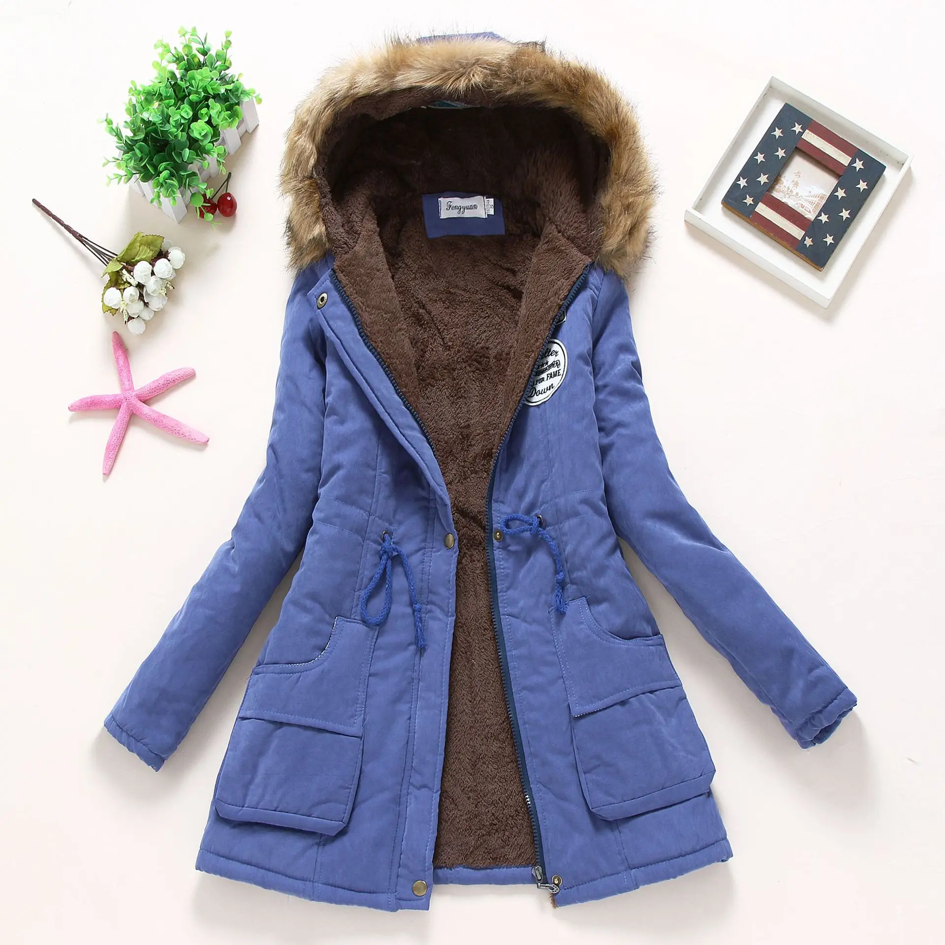 Зимата памучно палто от овче руно средна дължина, голяма вълнена яка, утолщенное памучно палто с качулка, памучно палто - 3