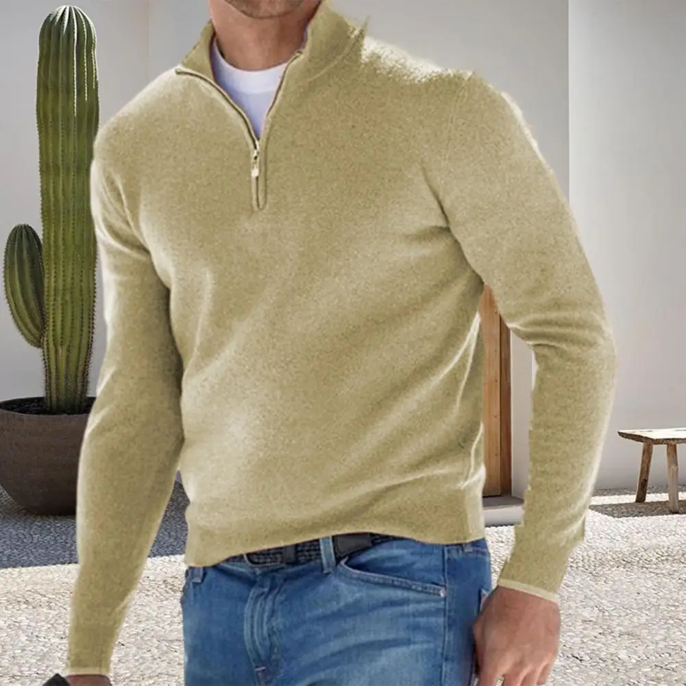 Мъжката есенно-пролетния отгоре с V-образно деколте и яка-ботуш с цип, обикновен мек топъл пуловер, Еластична Ежедневната мъжка тениска за всеки ден - 2