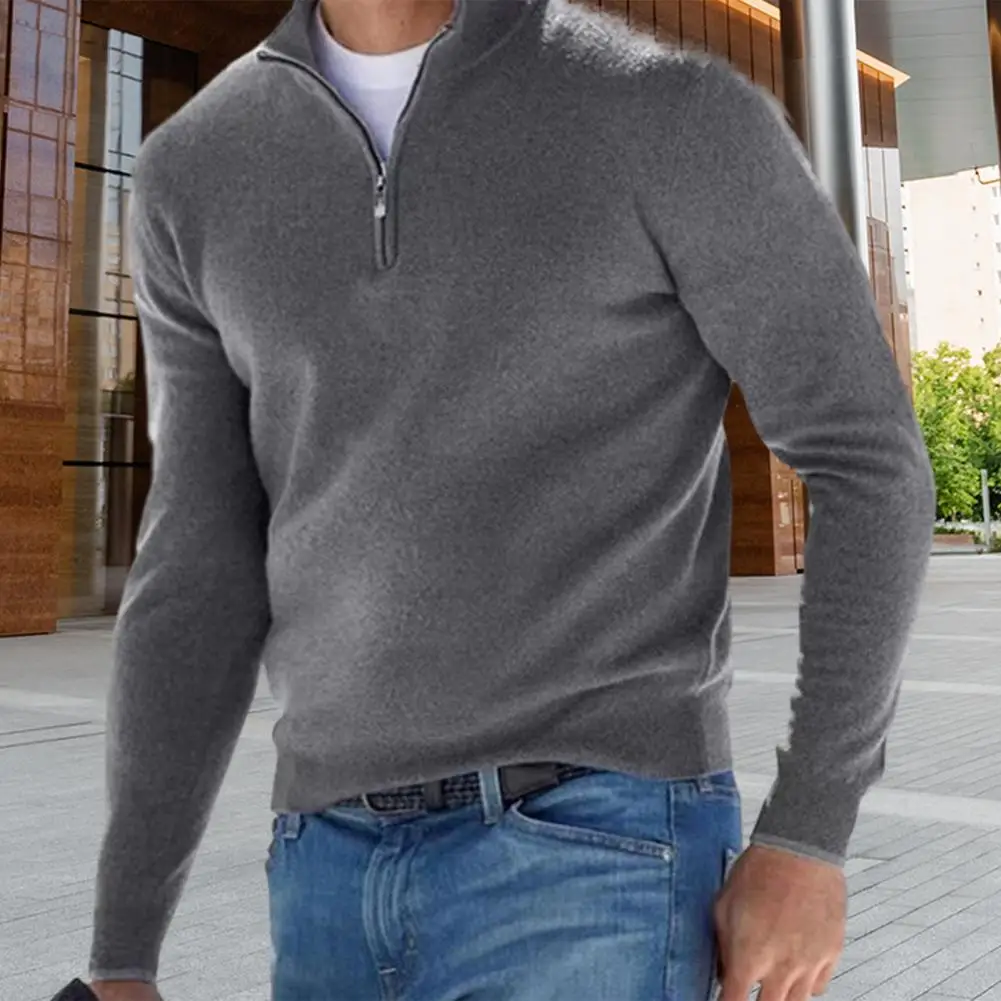 Мъжката есенно-пролетния отгоре с V-образно деколте и яка-ботуш с цип, обикновен мек топъл пуловер, Еластична Ежедневната мъжка тениска за всеки ден - 3