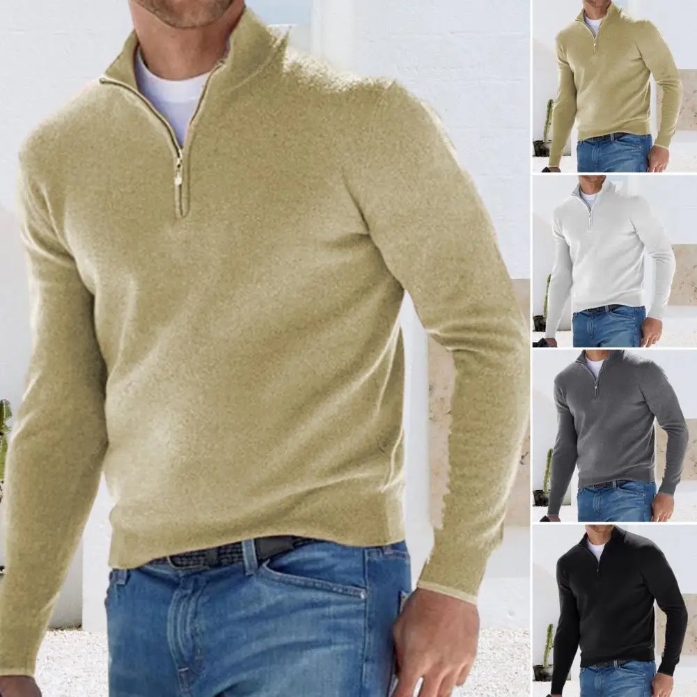Мъжката есенно-пролетния отгоре с V-образно деколте и яка-ботуш с цип, обикновен мек топъл пуловер, Еластична Ежедневната мъжка тениска за всеки ден - 4