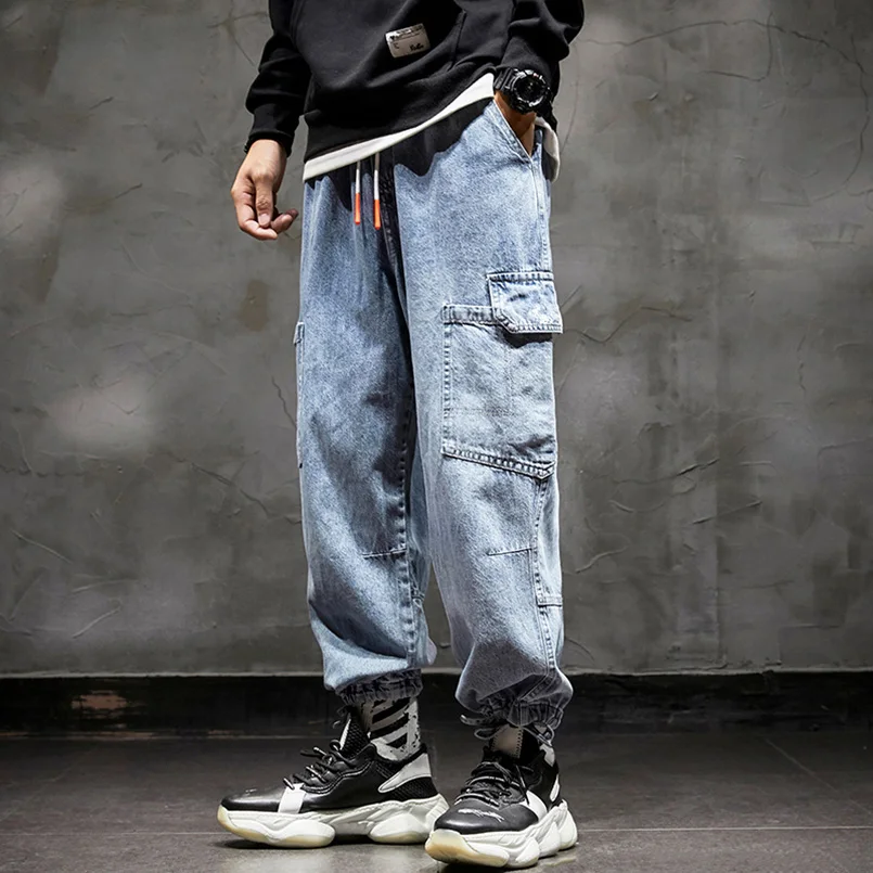 Мъжки дънки-карго, марковите са директни дънкови панталони с голям джоб, широки панталони, мъжки реколта панталони за татко в стил хип-хоп, памук 2023 година - 0