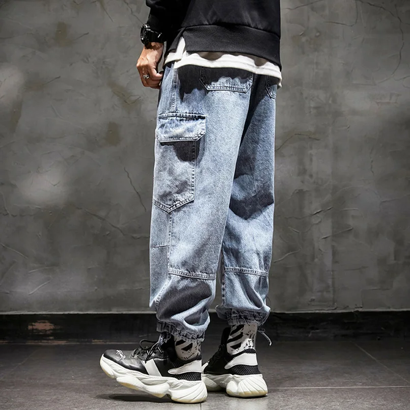 Мъжки дънки-карго, марковите са директни дънкови панталони с голям джоб, широки панталони, мъжки реколта панталони за татко в стил хип-хоп, памук 2023 година - 2