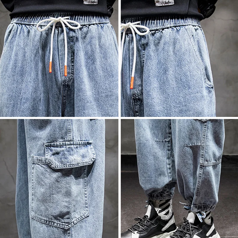 Мъжки дънки-карго, марковите са директни дънкови панталони с голям джоб, широки панталони, мъжки реколта панталони за татко в стил хип-хоп, памук 2023 година - 3