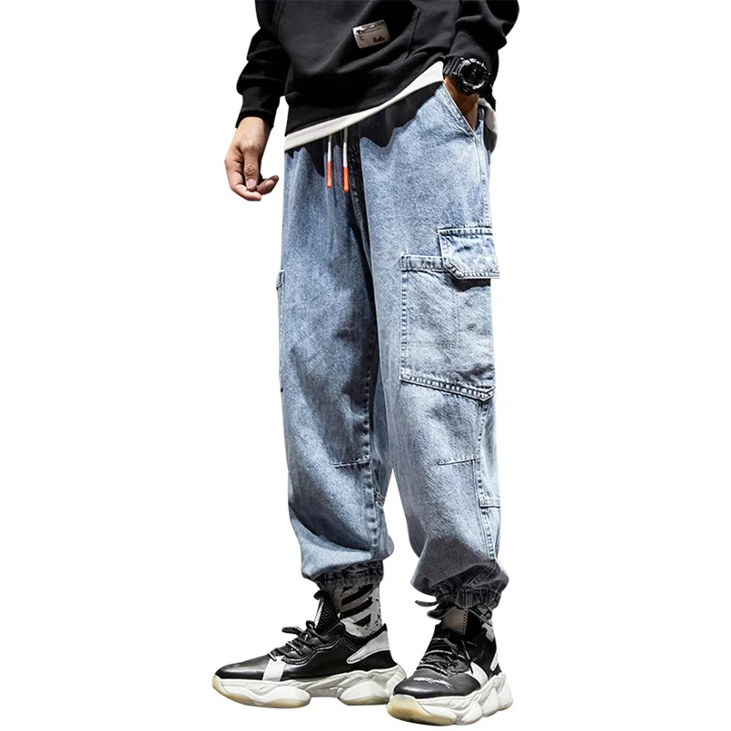 Мъжки дънки-карго, марковите са директни дънкови панталони с голям джоб, широки панталони, мъжки реколта панталони за татко в стил хип-хоп, памук 2023 година - 4