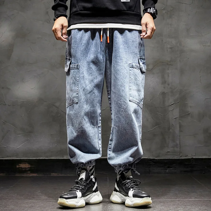 Мъжки дънки-карго, марковите са директни дънкови панталони с голям джоб, широки панталони, мъжки реколта панталони за татко в стил хип-хоп, памук 2023 година - 5