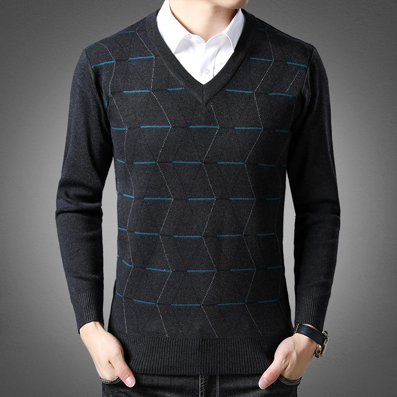 Нов модерен брендовый пуловер за мъжете, пуловери, приталенные скок с V-образно деколте, вязаная дебела топла есенна ежедневно облекло в корейски стил за мъже - 2