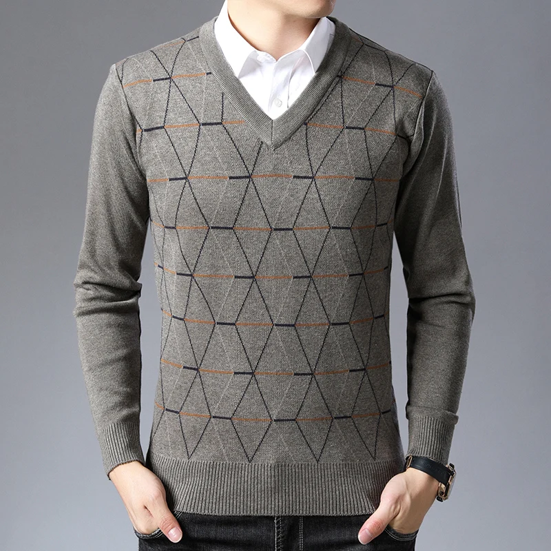 Нов модерен брендовый пуловер за мъжете, пуловери, приталенные скок с V-образно деколте, вязаная дебела топла есенна ежедневно облекло в корейски стил за мъже - 5