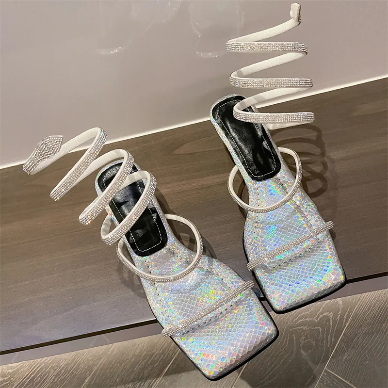 Нова марка обувки за жени, дамски обувки с квадратни пръсти във формата на змии и диаманти, дамски сандали на нетрадиционни обувки с отворени пръсти 34-43 - 3