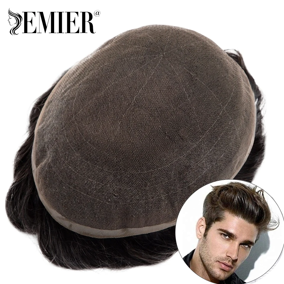 Нова мъжка перука с пълна дантела, система за човешки косъм на френската дантела основа, на мъжка перука, дишаща мъжки капилярна протеза, естествена перука за мъже - 0