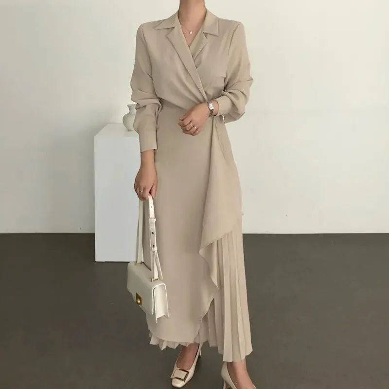 Рокли за жени 2023, плиссированная официална елегантна риза, дълга рокля, офис женски мюсюлмански винтажное однотонное рокля, вечерна рокля - 0
