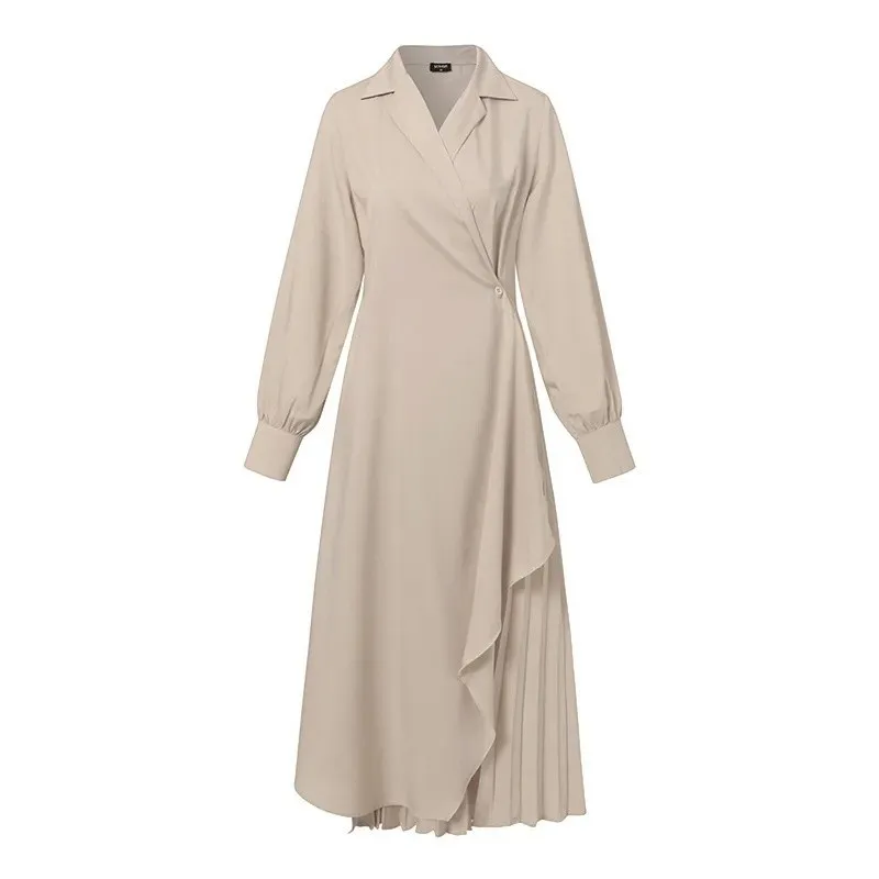 Рокли за жени 2023, плиссированная официална елегантна риза, дълга рокля, офис женски мюсюлмански винтажное однотонное рокля, вечерна рокля - 4