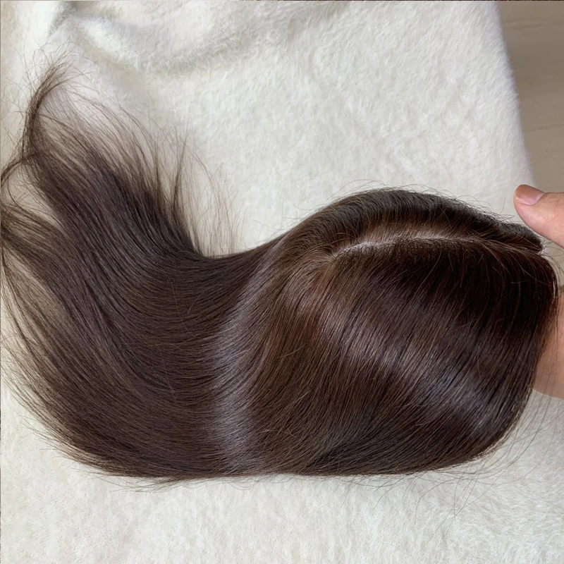 Тъмно кафява основа за коса, перуки, натурални азиатски косата, женски topper, тампон върху кожата на тънък шнола, перука, прави вълнообразни, черен, кафяв - 1