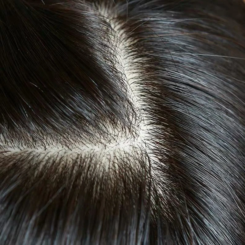 Тъмно кафява основа за коса, перуки, натурални азиатски косата, женски topper, тампон върху кожата на тънък шнола, перука, прави вълнообразни, черен, кафяв - 4