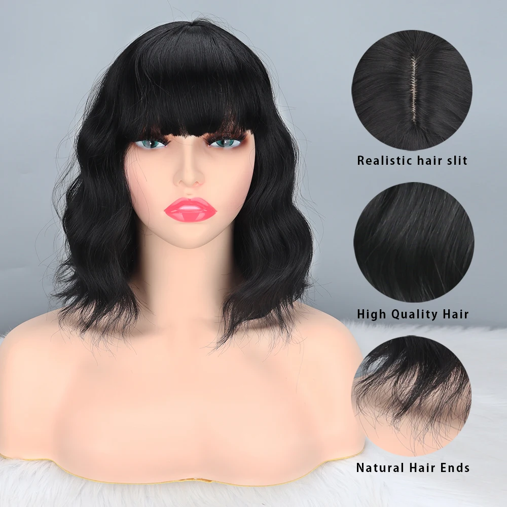 Черно кратък Боб, синтетични перуки, изработени от естествени вълнообразни коса, за жени, перуки, с бретон, ежедневни топлоустойчива модерен перуки в стил Лолита